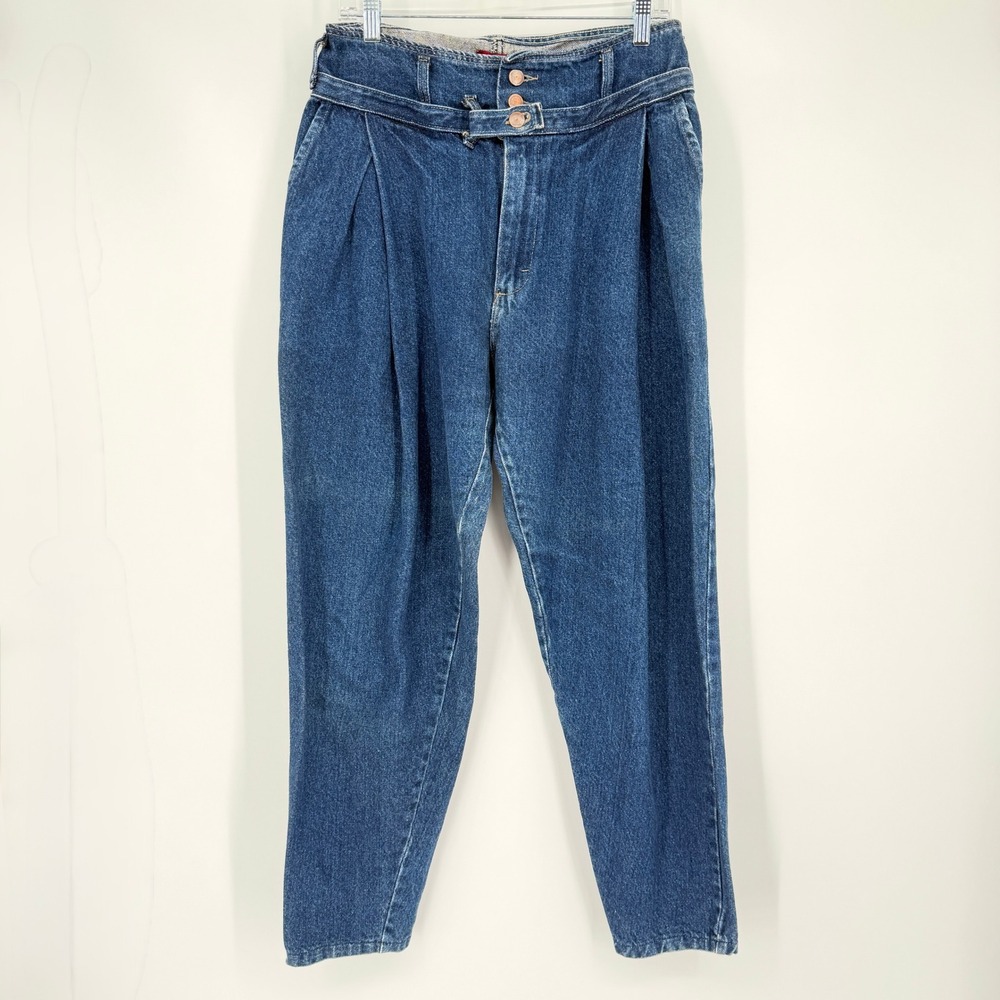 Vintage High Rise Pleated Belted Jeans USA Made Blue Cotton Denim Sz 13 Waist 30